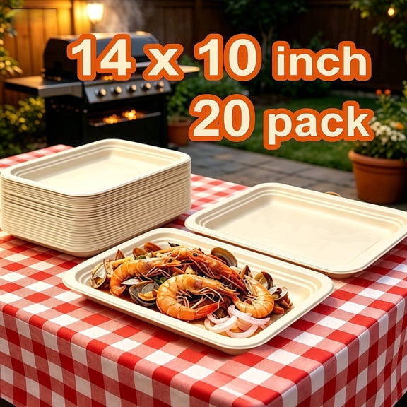 20 Pack 14-Inch Heavy Duty Disposable Paper Plates, Extra Large Compostable Serving Trays for BBQ, Roasted Chicken, Crawfish Boil, Party & Catering, Microwave Safe, Leak Resistant