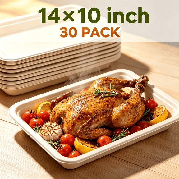 SetBase 14 x 10 in Disposable Square Paper Plates, Chicken Roast Trays, Off-White, 30 Count