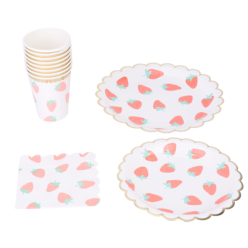 Disposable Paper Plate and Cup Set with Strawberry Pattern for Birthday and Wedding Party Tableware Supplies