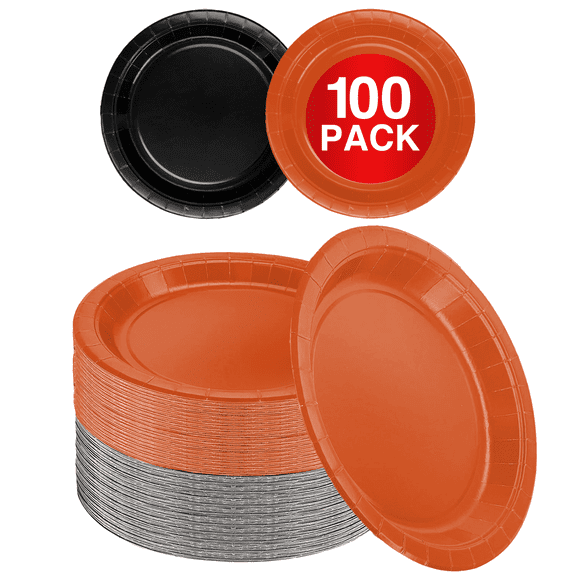 Disposable Paper Plates Black Orange, 6 Inches Paper Dessert Plates, Strong and Sturdy Disposable Plates for Halloween Party, Picnic, or Travel Party Plates, Pack of 100 - By Amcrate