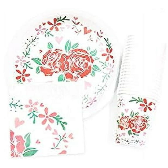 Disposable Paper Plates Cups & Napkins Set Flower Heart Spring Floral Design Serves 20 Guests