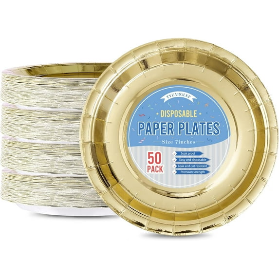 Disposable Paper Plates Gold, 50 Count 7” Dessert Cake Plates Bulk for Party Supplies, Colored and Sturdy Party Plates for Birthday, Wedding, Baby shower, Bridal party supplies