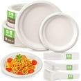 thumbnail image 1 of Compostable Paper Plates 250pcs Disposable Plates Heavy-Duty Paper Plates Biodegradable White Plates for Party Sugarcane Plates Cornstarch Forks Knives Spoons for 50 Guests, 1 of 5