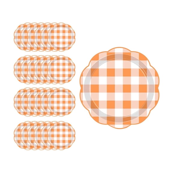 Disposable Paper Plates with Checkered Print for Thanksgiving, Birthday Parties, and Family Banquet Table Decor – 50-Count Orange