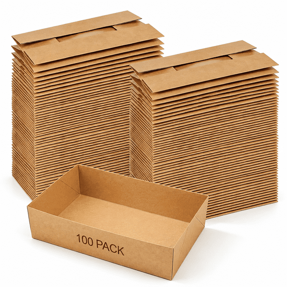 Disposable Paper Trays, Rectangular Kraft Food Containers Foldable Boxes, 4 Corner Pop Up Cardboard Food Trays for Fast Food, Nacho, Snack, Stadiums, Theaters, Brown