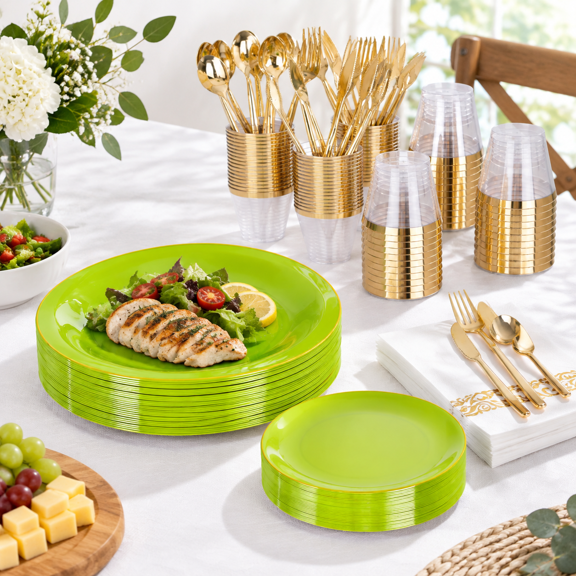 Disposable Party Plate Set, Grape Green-210, Includes Dinner Plates, Dessert Plates, Cups, Napkins, Silverware for 30 Guests