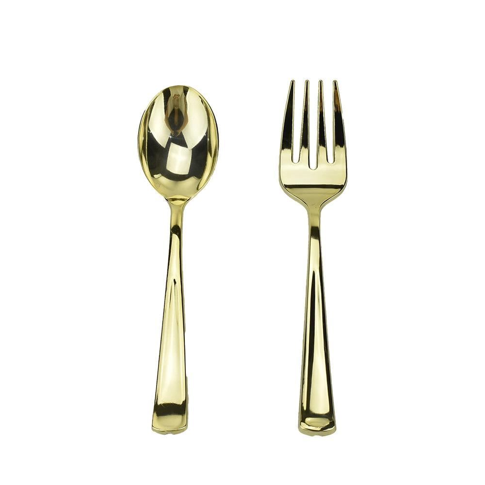Disposable Party Serving Spoon and Fork, Gold, 10Inch, 2Piece