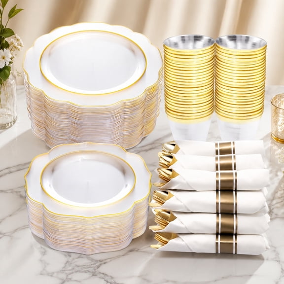 Disposable Party Set for 50 Guests - 100 Clear Plastic Plates with Gold Rim, 150 Gold Utensils, 50 Cups, and 50 Napkins - Wedding and Event Tableware
