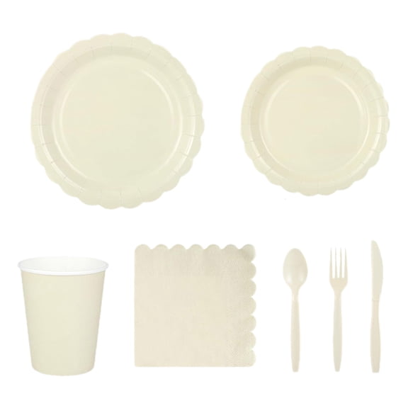 Disposable Party Tableware Set For 25 Persons Includes Plates Cups Forks Knives Spoons Napkins Beige Wave Edge Design For Celebrations And Events