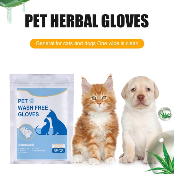 Disposable Pet Bathing Gloves, Cleansing Mitts, 6 Count Pack, Non Rinse Shampoo Infused, for Cats Dogs Rabbits Small Animals, Massage Cleaning Supplies