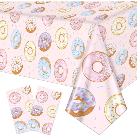 Disposable Pink Donut Sprinkle Tablecloth for Kids, Rectangular Plastic Table Cover for Birthday Party, Sweet Treat Candy Theme Celebration Decor