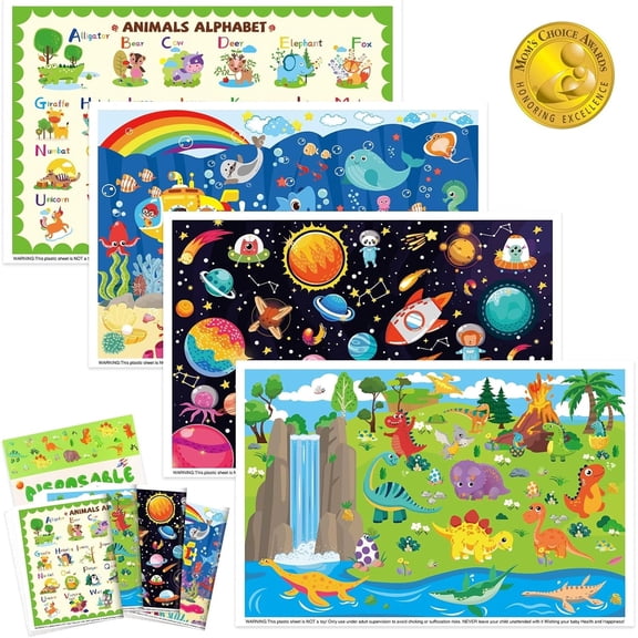 Disposable Placemats for Baby with 4 Mixed Designs, Kids Placemats in Animal, Space, Ocean, Dinosaur Styles, Sticky Toddler Placemat for Restaurants (12x18 Inch (Pack of 60))