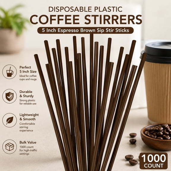 Disposable Plastic Coffee Stirrer Sticks - 5 Inch Espresso Brown Sip Stir Sticks, Pack of 1000, Disposable Drink Mixers