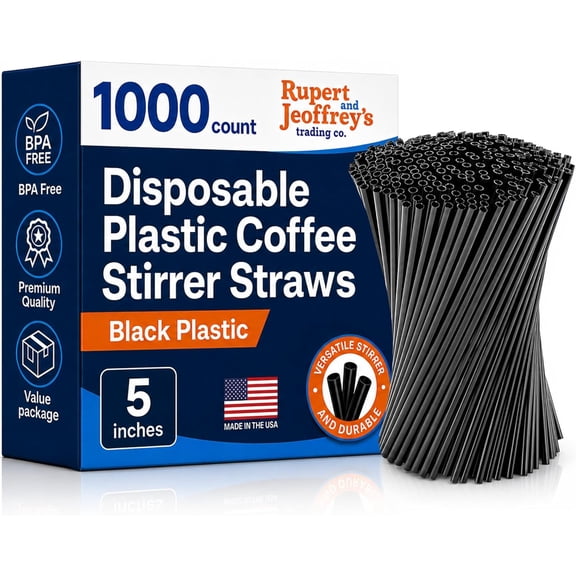 Disposable Plastic Coffee Stirrer Straw - 5 Inch Sip Stir Stick (Black, 1,000 count)