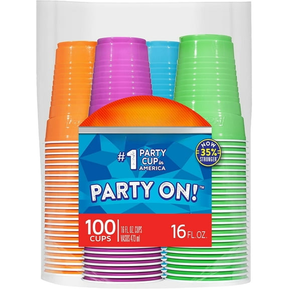 Disposable Plastic Cups, Assorted, 16 oz, 100 Count