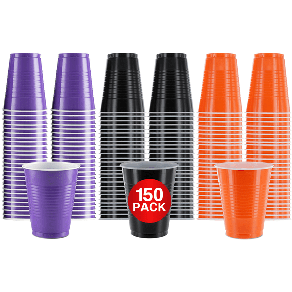 Disposable Plastic Cups, Black Orange Purple Colored Plastic Cups, 18-Ounce Plastic Party Cups, Strong and Sturdy Disposable Cups for Party, Wedding, Christmas, Halloween , 150 Pack - Amcrate