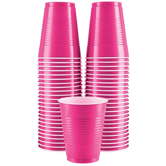 Disposable Plastic Cups, Bright Pink Colored Plastic Cups, 18-Ounce Plastic Party Cups, Strong and Sturdy Disposable Cups for Party, Wedding, Christmas, Halloween Party Cup, 50 Pack - By Amcrate