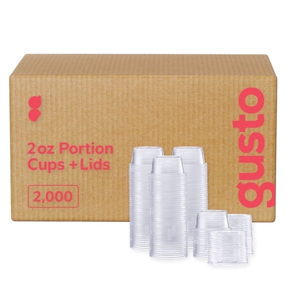 GUSTO 2 oz Jello Shot Cups with Lids, Plastic Portion Cups with Lids, Disposable Condiment Cups and Sauce Containers for Dressings, Dips and Samples, 2,000 Sets Bulk