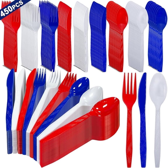 Disposable Plastic Cutlery Set, 450-Piece Patriotic American Flag Party Supplies, 150 Forks 150 Spoons 150 Knives, Red White Blue, 4th Of July Memorial Day