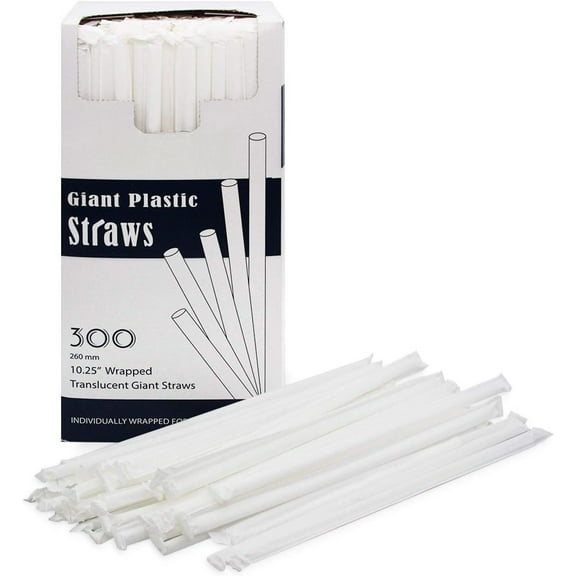 Disposable Plastic Drinking Straws, 10.25" Giant/300 Count, Individually Wrapped Clear
