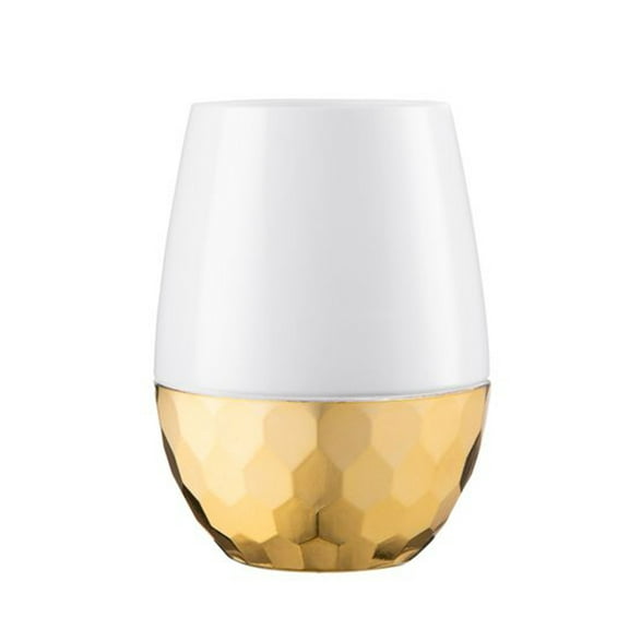 Disposable Plastic Elegant 16 Oz White Stemless Wine Goblets with Hammered Gold Design - Set of 6 | Perfect for Parties & Special Occasions