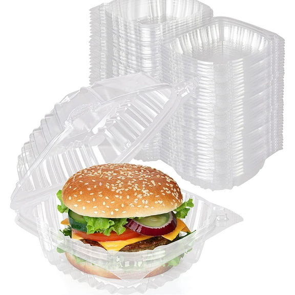 Disposable Plastic To Go Containers with Clear Lids (100 Pack) Fancy Hinged Top Square Clamshell Food Boxes for Take Out, Home Party Togo Clam Shell Box to Carry Cake, Dessert, Small Sandwich