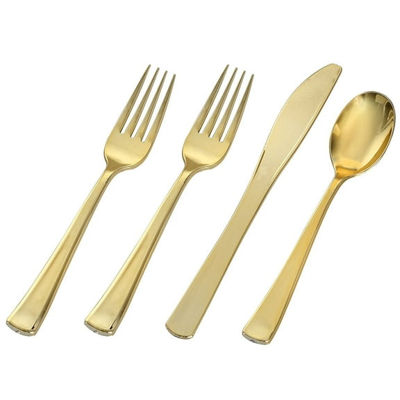 Disposable Plastic Gold Cutlery Set Serving For 25 - Includes 50 Gold Forks, 25 Gold Spoons, 25 Gold Knives - Assortment