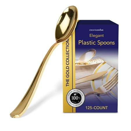 Stock Your Home 125 Disposable Heavy Duty Plastic Spoons, Fancy Plastic Silverware Looks Like Real Cutlery - Utensils Perfect for Catering Events, Restaurants, Parties and Weddings (Gold)