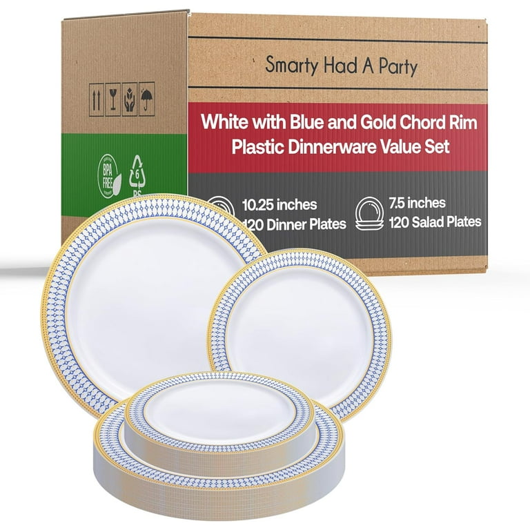 Disposable Plastic Heavy Duty Party Plates 240 Count 120 Pcs Round White with Blue Gold Nice Dinner Plates 120 Pcs Fancy Dessert Salad Plates For Wedding Thanksgiving Birthday All Occasions Walmart ...
