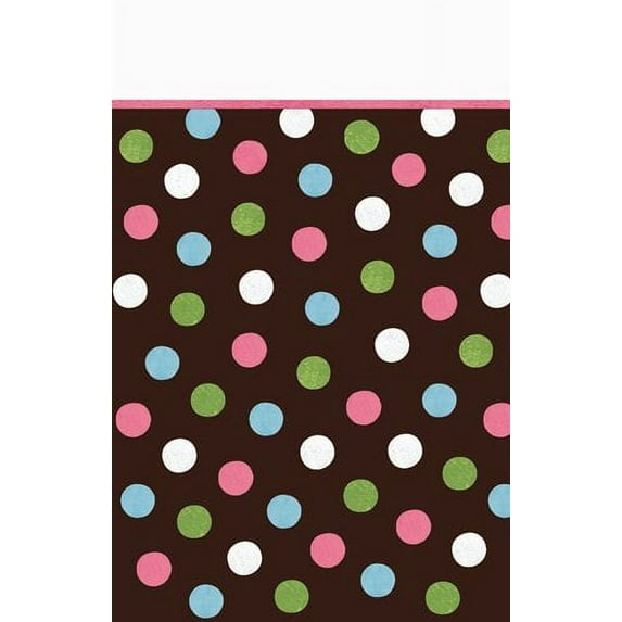 Disposable Plastic Lined, Paper Table Cover in Chocolate Multicolored Polka Dots Fits 8' Tables, 54 x 102", Brown