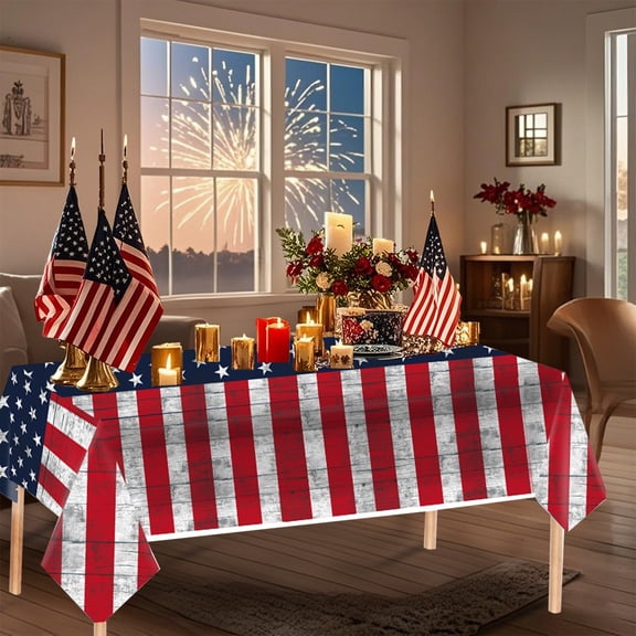 Disposable Plastic Patriotic Full Table Cover, Red White Blue Flag Print Spillproof Dining Sheet, Single Use Party Ornament, Waterproof Cloth for Veterans Day Home Indoor Outdoor Holiday Feast