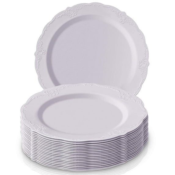 Disposable Plastic Plate Set | 20 Salad Plates | Elegant Fine China Look (Vintage Collection - White | 9")