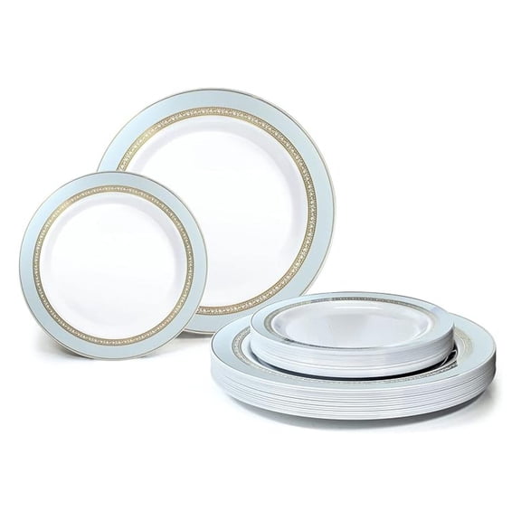 Disposable Plastic Plates - 50 Pack (25 Guests) - Ritz Blue & Silver Wedding Party Supplies - Heavyweight Dinner & Dessert Plates - Holiday & Event Tableware