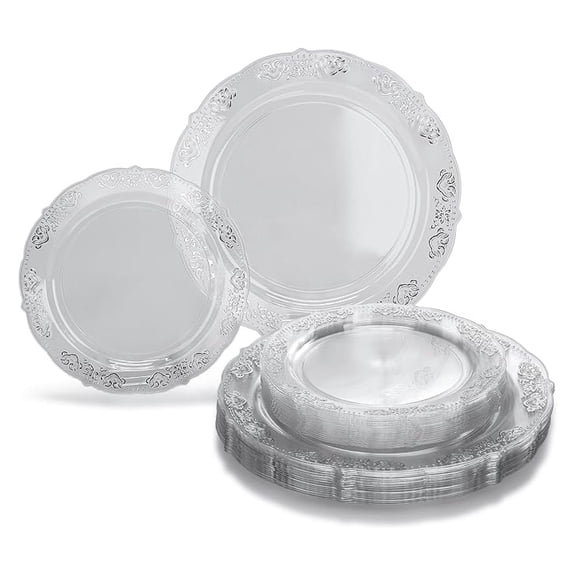 Disposable Plastic Plates - 50 Pack Vintage Wedding Party Set (25 Guests) - 10.25" Dinner & 7.5" Salad/Dessert Plates - Clear & Silver Portofino
