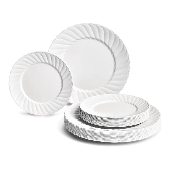 Disposable Plastic Plates 50 Pack - Vintage Wedding Party Supplies - Blossom White Dinner & Dessert Plates - 10.25" & 7.5" - Elegant Disposable Tableware