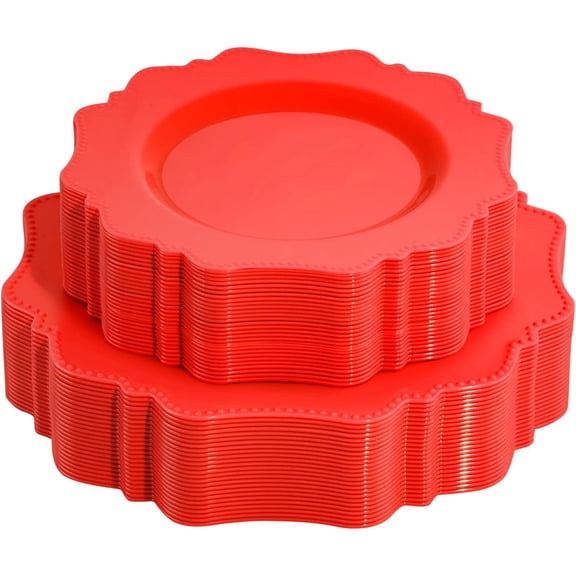 Disposable Plastic Plates 60Pcs, Christmas Red Plastic Party Plates, Heavy Duty 30 Dinner plate 10.5” and 30 Salad/Dessert Plate 8.25” for Christmas party dinner