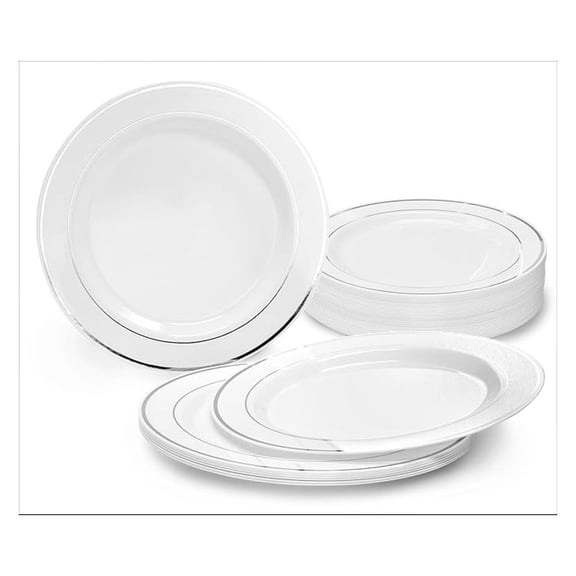 Disposable Plastic Plates 7.5 Inch - 40 Pack White & Silver Rim - Heavyweight Appetizer Dessert Plates for Wedding Party Events