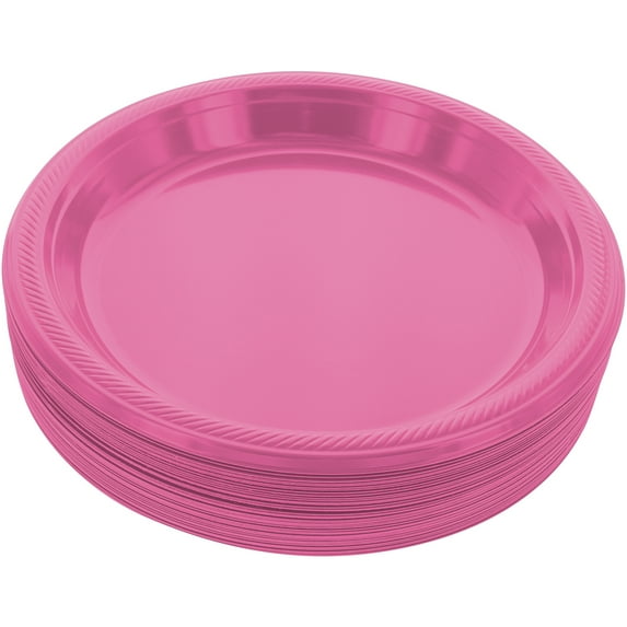 Disposable Plastic Plates Bright Pink, 10.4 Inches Plastic Dinner Plates, Strong and Sturdy Disposable Plates for Party, Dinner, Holiday, Picnic, or Travel Party Plates, Pack of 50 - By Amcrate