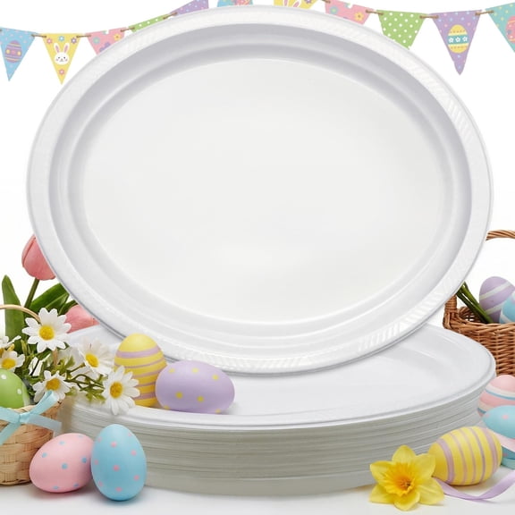 Disposable Plastic Plates – Heavy Duty White Dinner Plates for Birthday, Picnic, BBQ, Easter, Spring Day, Oval Shape (10" x 12")