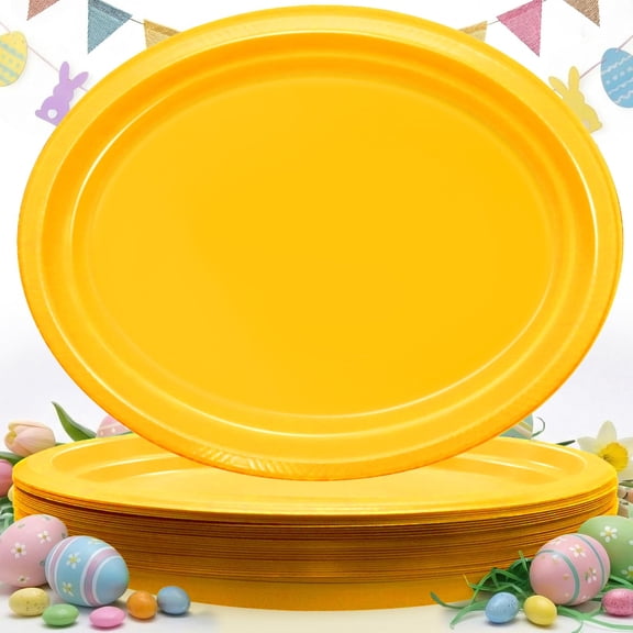 Disposable Plastic Plates – Heavy Duty White Dinner Plates for Birthday, Picnic, BBQ, Easter, Spring Day, Oval Shape (10" x 12")