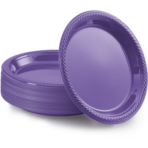 Disposable Plastic Plates Purple, 7 Inches Plastic Dessert Plates, Strong and Sturdy Disposable Plates for Party, Dinner, Holiday, Picnic, or Travel Party Plates, Pack of 50 - By Amcrate