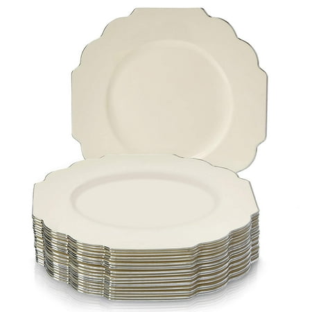 Disposable Plastic Plates Set | 20 Dinner Plates | for Upscale Wedding and Dining (Baroque - Ivory/Silver)