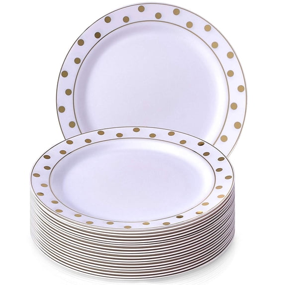 Disposable Plastic Plates Set | 20 Dinner Plates | for Upscale Wedding and Dining (Dots - Gold)