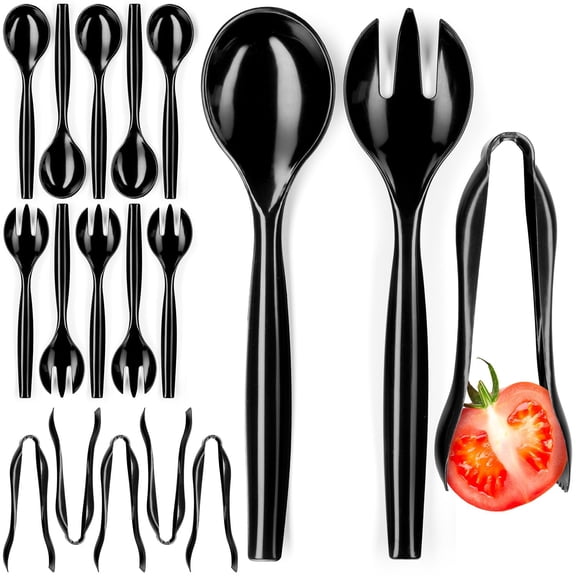 Disposable Plastic Serving Set - 18 Black Utensils 6" Tongs 10' Spoons Forks Buffet & Party Use
