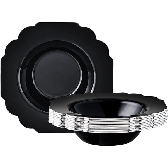 Disposable Plastic Soup Bowls (10 Piece), Heavy Duty Disposable Soup plates (12 oz), Fine Dining Plastic Dishes For Elegant China Look, Great for Parties, Wedding & Events - Black