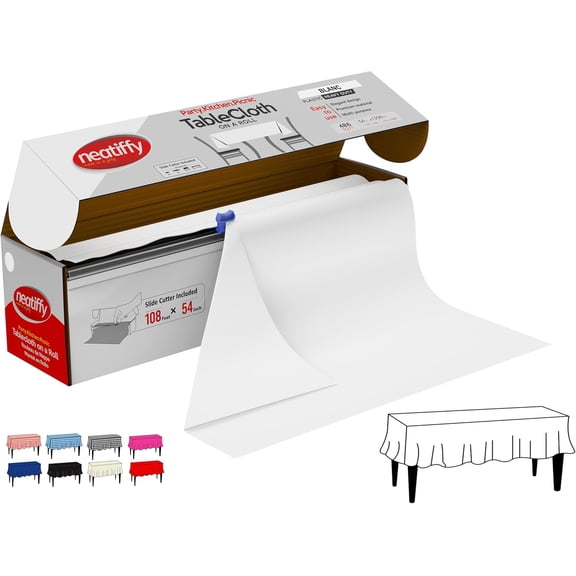 Disposable Plastic Table Cloth Roll | 54 in x 108 Ft Waterproof Tablecloth | Table Cover for Rectangle, Square, Round Oval Tables | Picnic, Party, Banquet, Birthdays, Weddings - White