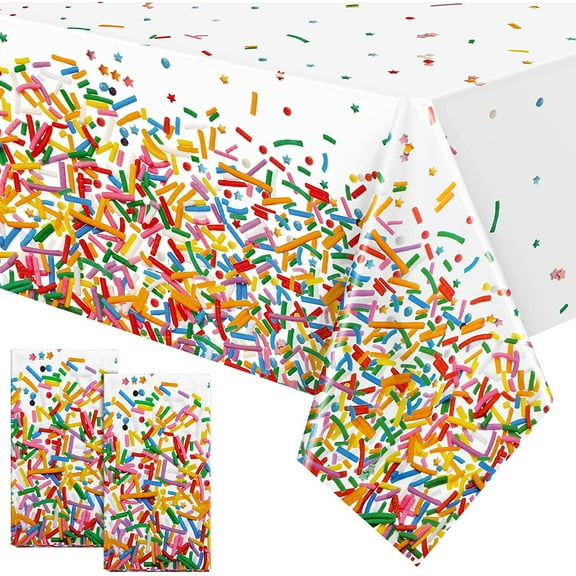 2-Pack Disposable Rectangular Plastic Tablecloth, Confetti Sprinkle Candy Design For Birthday Wedding Ice Cream Theme Party Supplies