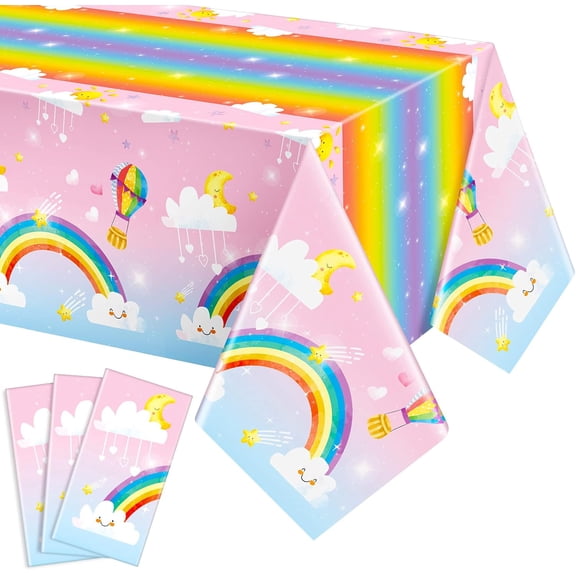 Disposable Plastic Tablecloth Pastel Rainbow Clouds Design Rectangle Table Cover for Birthday Party Baby Shower Decorations 54 x 108 Inches 3-Pack