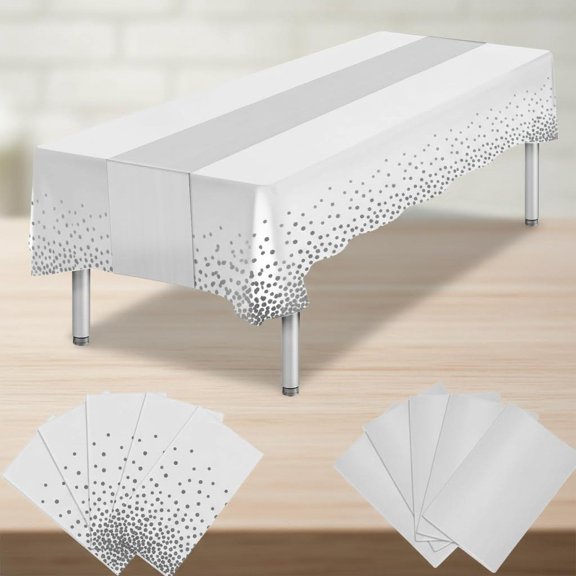 Disposable Plastic Tablecloth and Satin Table Runner, White and Silver for Party Decorations