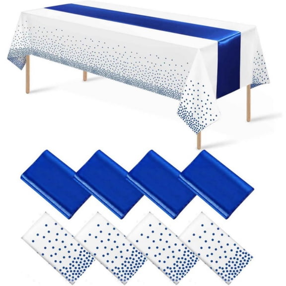 Disposable Plastic Tablecloths and Satin Table Runner Polka Dot Tablecloth with Satin Table Runner for Wedding Birthday Baby Shower Anniversary Christmas New Year Party Supplies, 8 Pack